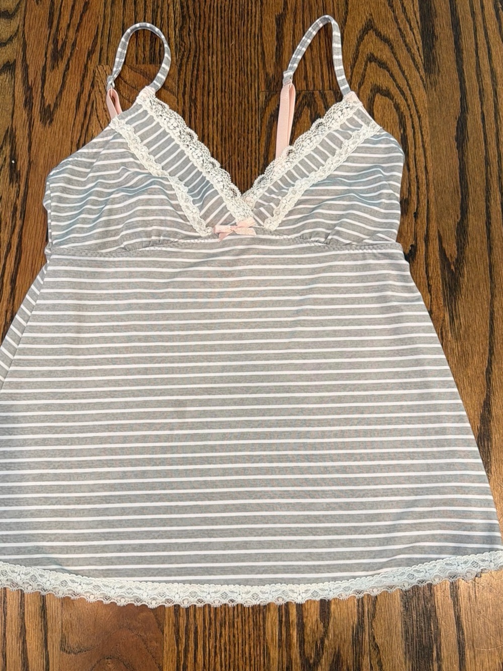 Marilyn Monroe Gray & White Striped Lace-Trim Chemise with Pink Bow